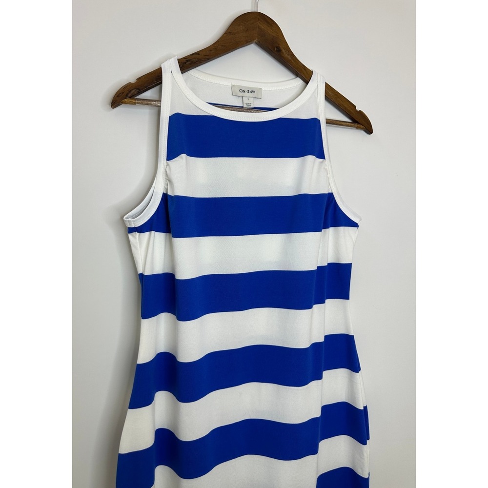 NEW On 34th Ringer Trim Sleeveless Knit Midi Dress Cobalt Blue Wht Stripe Large - Picture 4 of 15
